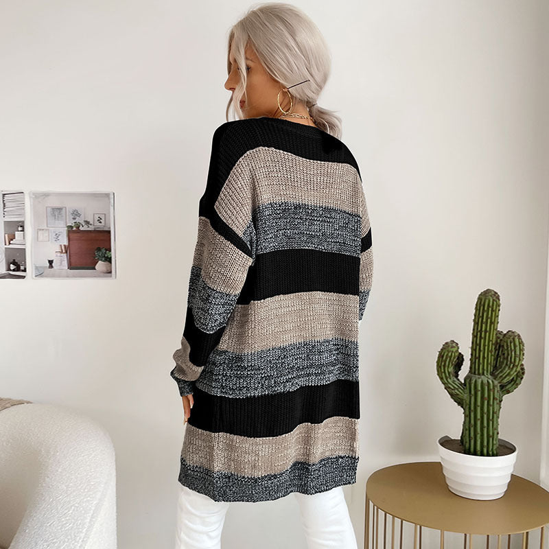 Striped Open Front Cardigan with Long Length