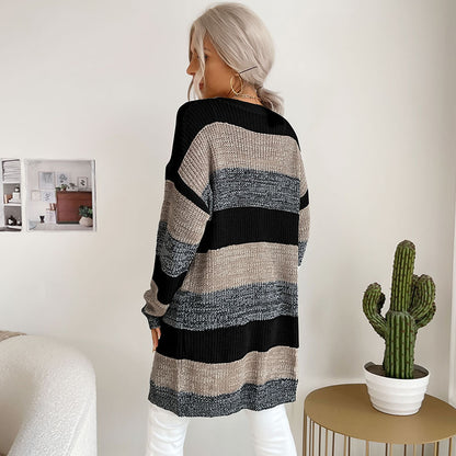 Striped Open Front Cardigan with Long Length