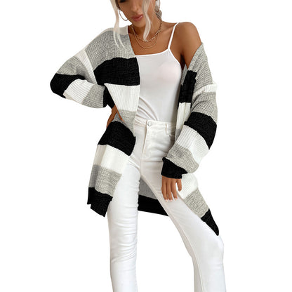 Striped Open Front Cardigan with Long Length