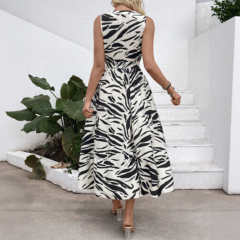 Zebra Print A-Line Midi Dress with V-Neck and Pockets
