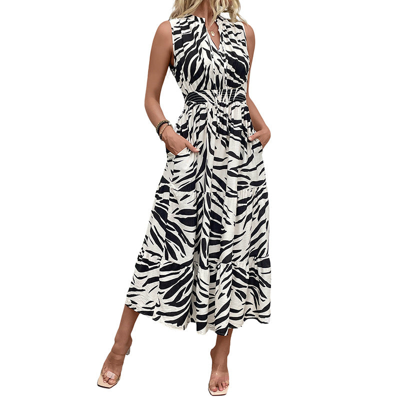 Zebra Print A-Line Midi Dress with V-Neck and Pockets