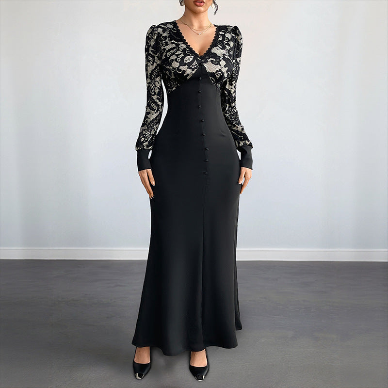 High-Waist Maxi Dress with Lace Patchwork and V-Neck