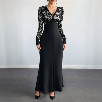 High-Waist Maxi Dress with Lace Patchwork and V-Neck