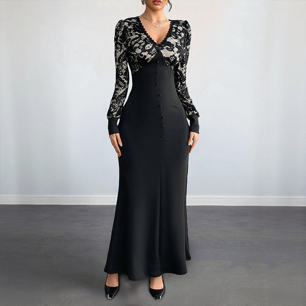 High-Waist Maxi Dress with Lace Patchwork and V-Neck