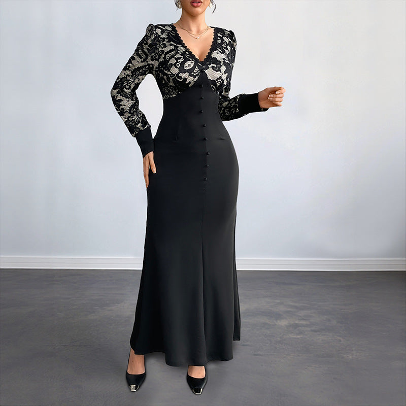 High-Waist Maxi Dress with Lace Patchwork and V-Neck