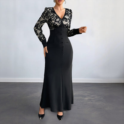 High-Waist Maxi Dress with Lace Patchwork and V-Neck