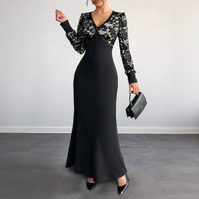 High-Waist Maxi Dress with Lace Patchwork and V-Neck