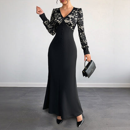 High-Waist Maxi Dress with Lace Patchwork and V-Neck