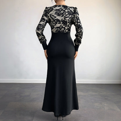 High-Waist Maxi Dress with Lace Patchwork and V-Neck