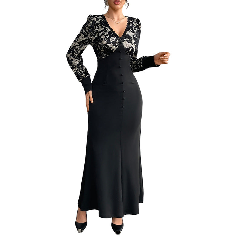 High-Waist Maxi Dress with Lace Patchwork and V-Neck