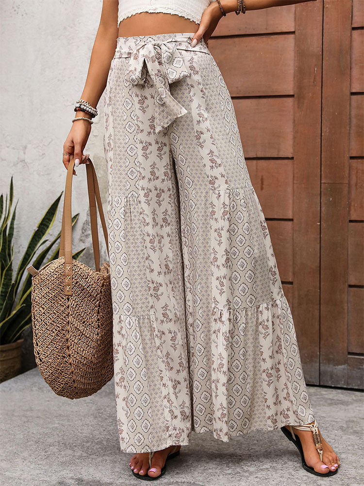 Geometric Floral Print Wide-Leg Pants with Tie-Waist and Tiered Hem