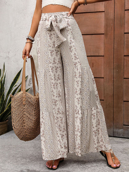 Geometric Floral Print Wide-Leg Pants with Tie-Waist and Tiered Hem