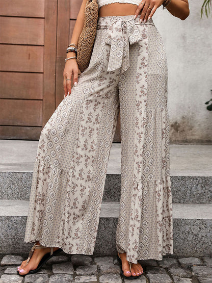 Geometric Floral Print Wide-Leg Pants with Tie-Waist and Tiered Hem
