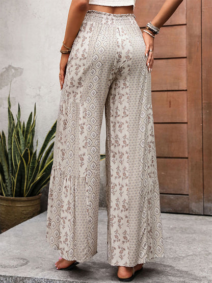 Geometric Floral Print Wide-Leg Pants with Tie-Waist and Tiered Hem