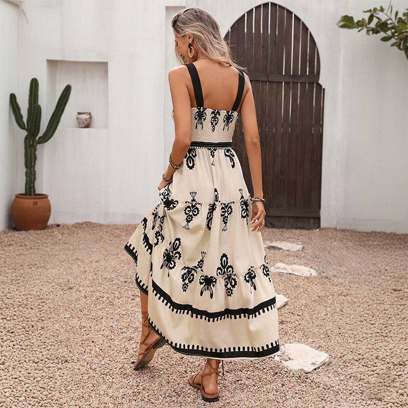 Geometric Print A-Line Suspender Midi Dress with High Waist