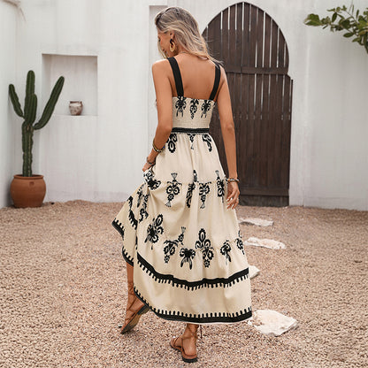 Geometric Print A-Line Suspender Midi Dress with High Waist