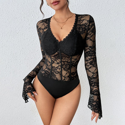Lace Bodysuit with V-Neck and Bustier Detail