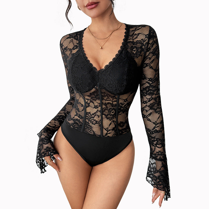 Lace Bodysuit with V-Neck and Bustier Detail