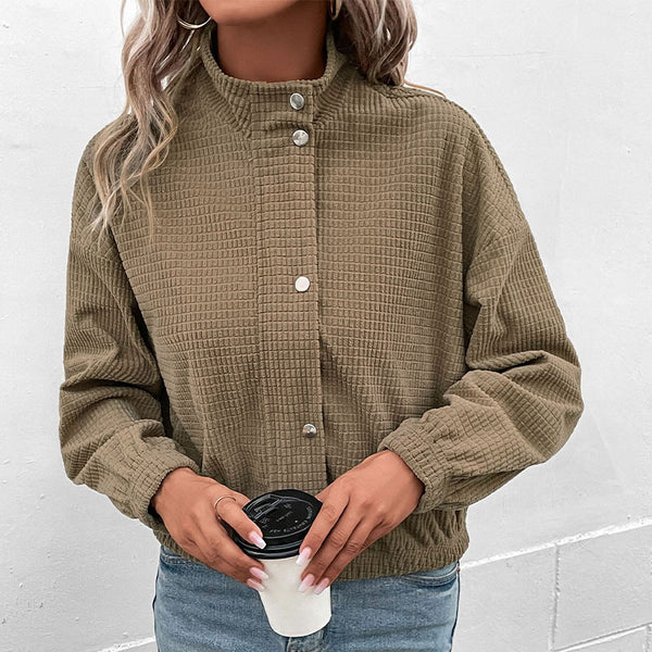 Solid Waffle Knit Bomber Jacket with Mock Neck and Button Front
