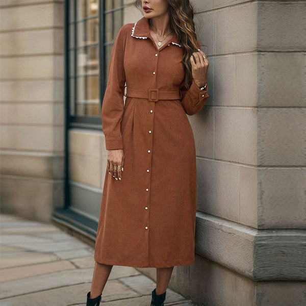 Solid Corduroy Shirt Dress with Lace-Trim Lapel Collar