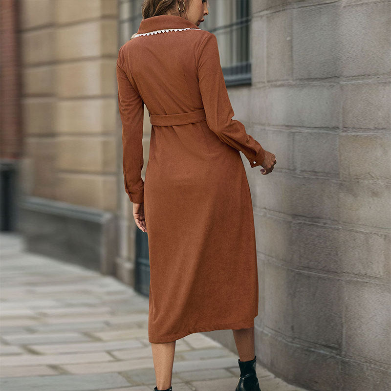 Solid Corduroy Shirt Dress with Lace-Trim Lapel Collar