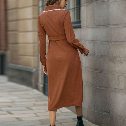 Solid Corduroy Shirt Dress with Lace-Trim Lapel Collar