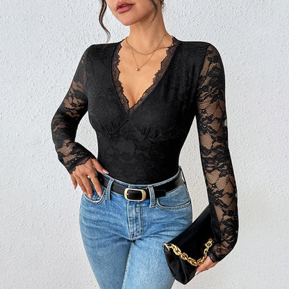 Long Sleeve Lace Bodysuit with V-Neck and Tie-Back