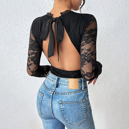 Long Sleeve Lace Bodysuit with V-Neck and Tie-Back