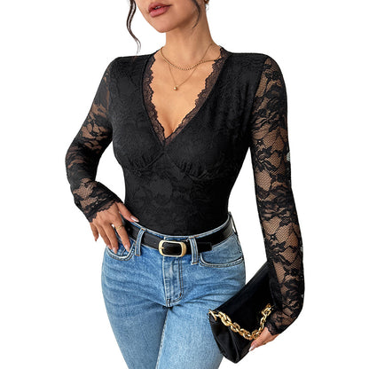 Long Sleeve Lace Bodysuit with V-Neck and Tie-Back