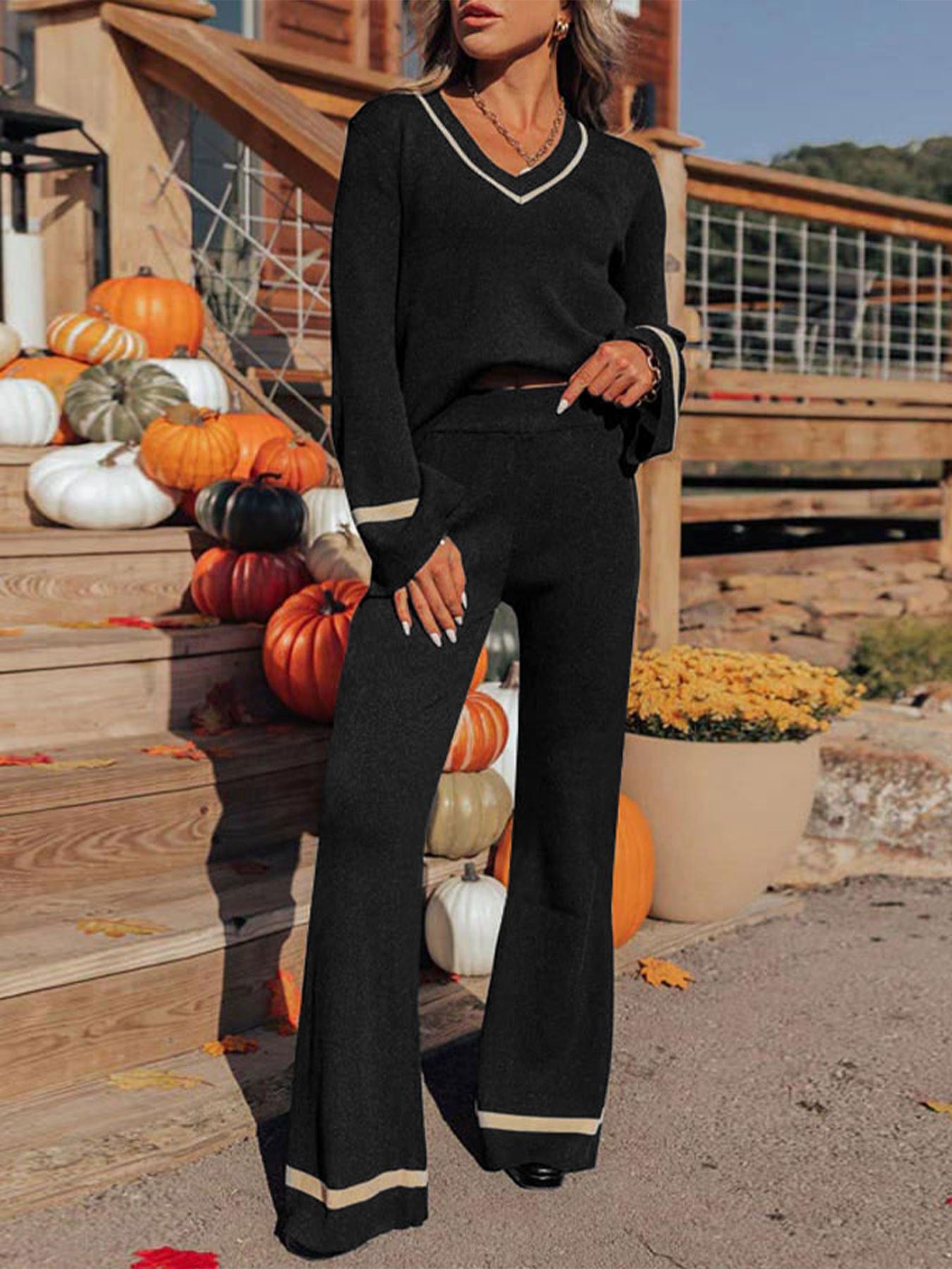 Contrast Trim Knit Two-Piece Set with V-Neck & Wide-Leg Pants