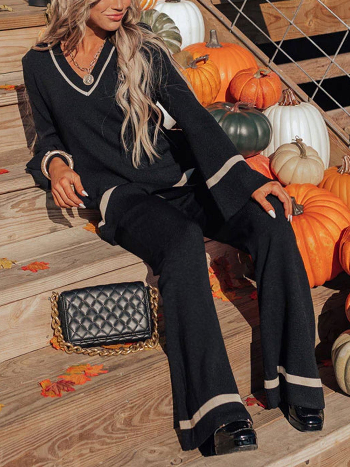 Contrast Trim Knit Two-Piece Set with V-Neck & Wide-Leg Pants