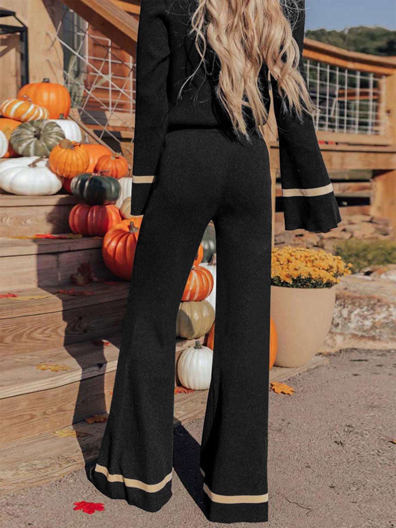 Contrast Trim Knit Two-Piece Set with V-Neck & Wide-Leg Pants