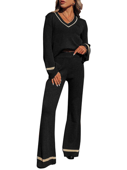 Contrast Trim Knit Two-Piece Set with V-Neck & Wide-Leg Pants