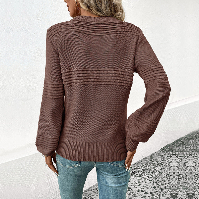 Solid Color Pullover Sweater with Round Neck and Ribbed Detail