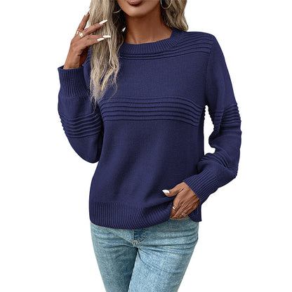 Solid Color Pullover Sweater with Round Neck and Ribbed Detail