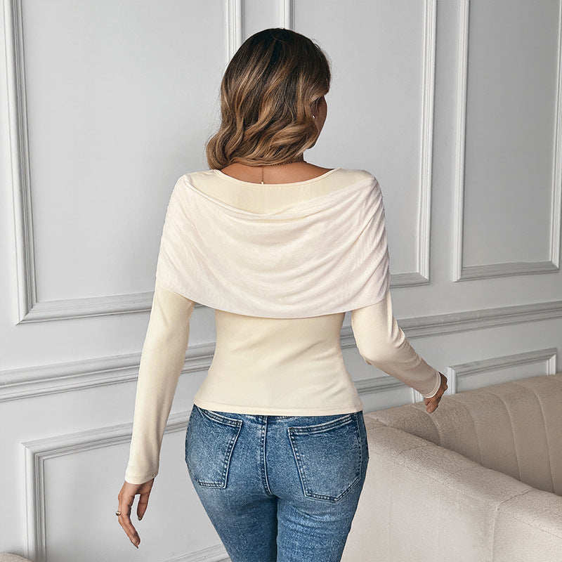 Slim Fit Long Sleeve Top with Square Neck and Draped Bow Detail