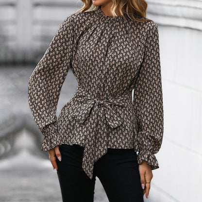 Geometric Print Blouse with Tie-Waist and Gathered Neck