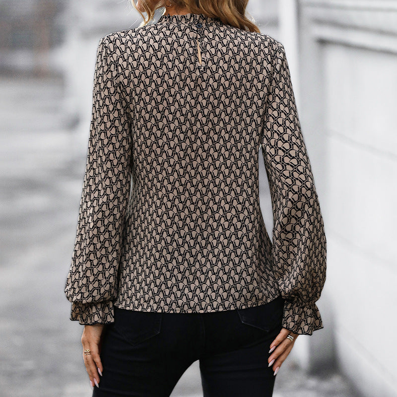 Geometric Print Blouse with Tie-Waist and Gathered Neck