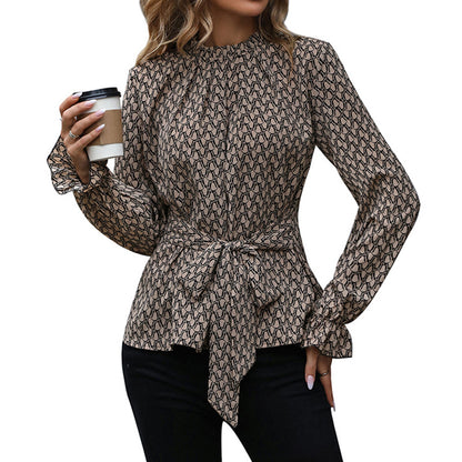 Geometric Print Blouse with Tie-Waist and Gathered Neck