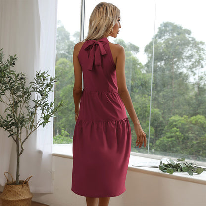 Solid Tiered Halter Dress with High-Low Hem