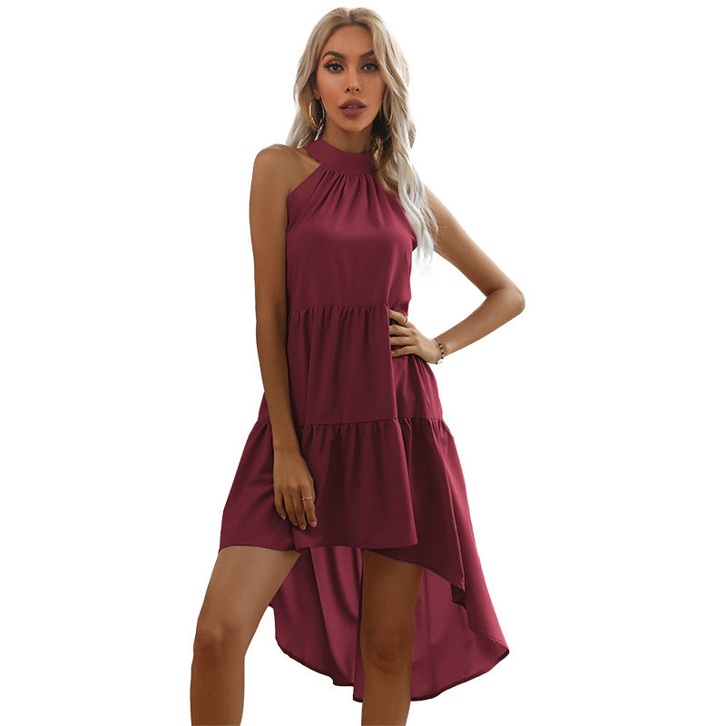 Solid Tiered Halter Dress with High-Low Hem