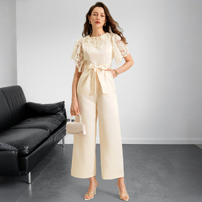 Satin Wide-Leg Jumpsuit with Lace Flying Sleeves and Tie-Waist
