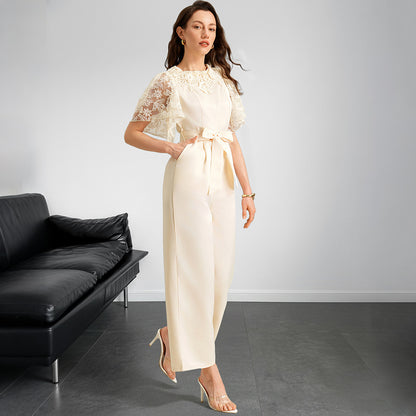 Satin Wide-Leg Jumpsuit with Lace Flying Sleeves and Tie-Waist