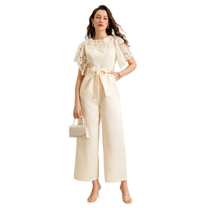 Satin Wide-Leg Jumpsuit with Lace Flying Sleeves and Tie-Waist