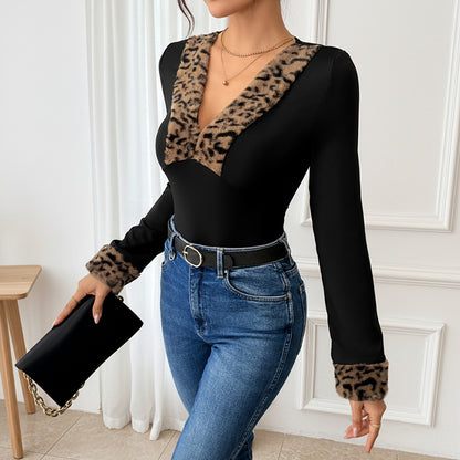 Bodycon Long-Sleeve Bodysuit with Leopard Print Trim