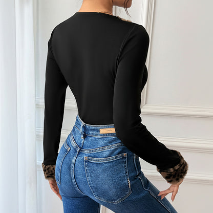Bodycon Long-Sleeve Bodysuit with Leopard Print Trim