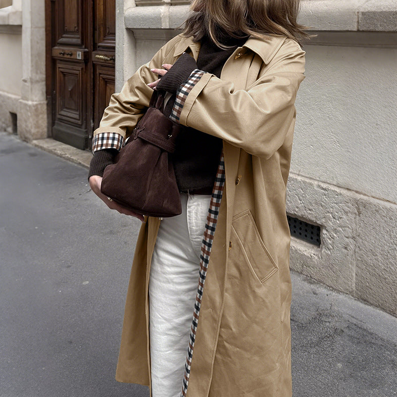 Extended Length Trench Coat with Plaid Lining