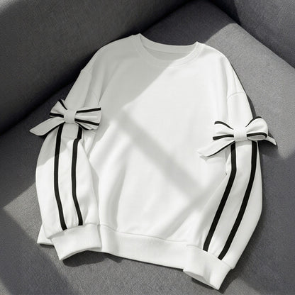 Bow Tie Sweatshirt with Contrast Stripe Sleeves