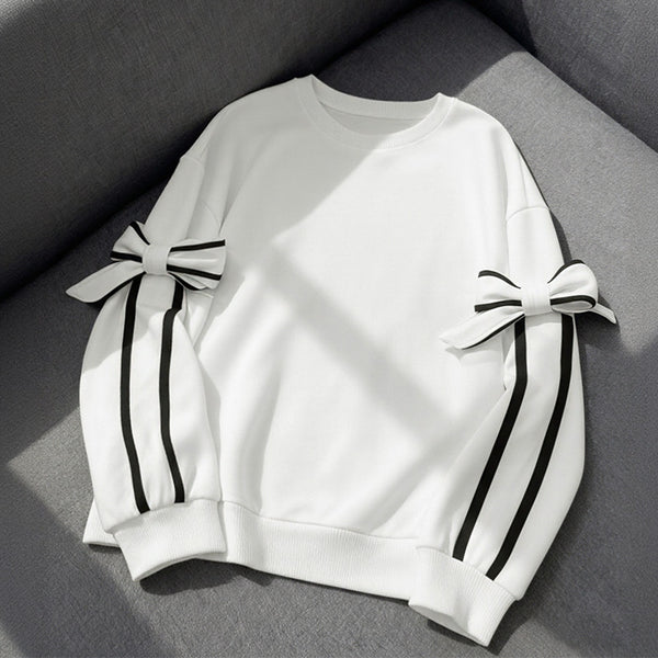 Bow Tie Sweatshirt with Contrast Stripe Sleeves