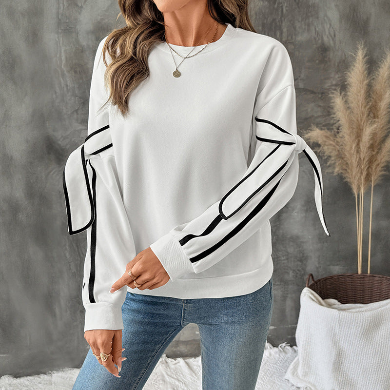 Bow Tie Sweatshirt with Contrast Stripe Sleeves